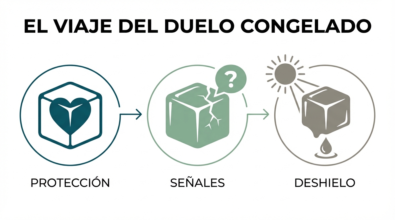Infografía sobre Duelo Congelado post Ruptura: 7 Señales y Cómo Sentir Sin Miedo