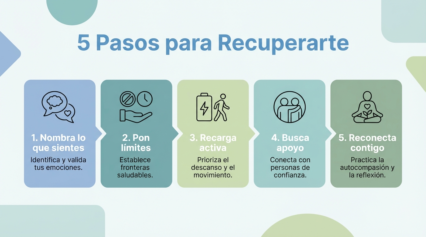 fatiga por compasión qué es y cómo recuperarse - Infografía con 5 pasos para superar la fatiga por compasión