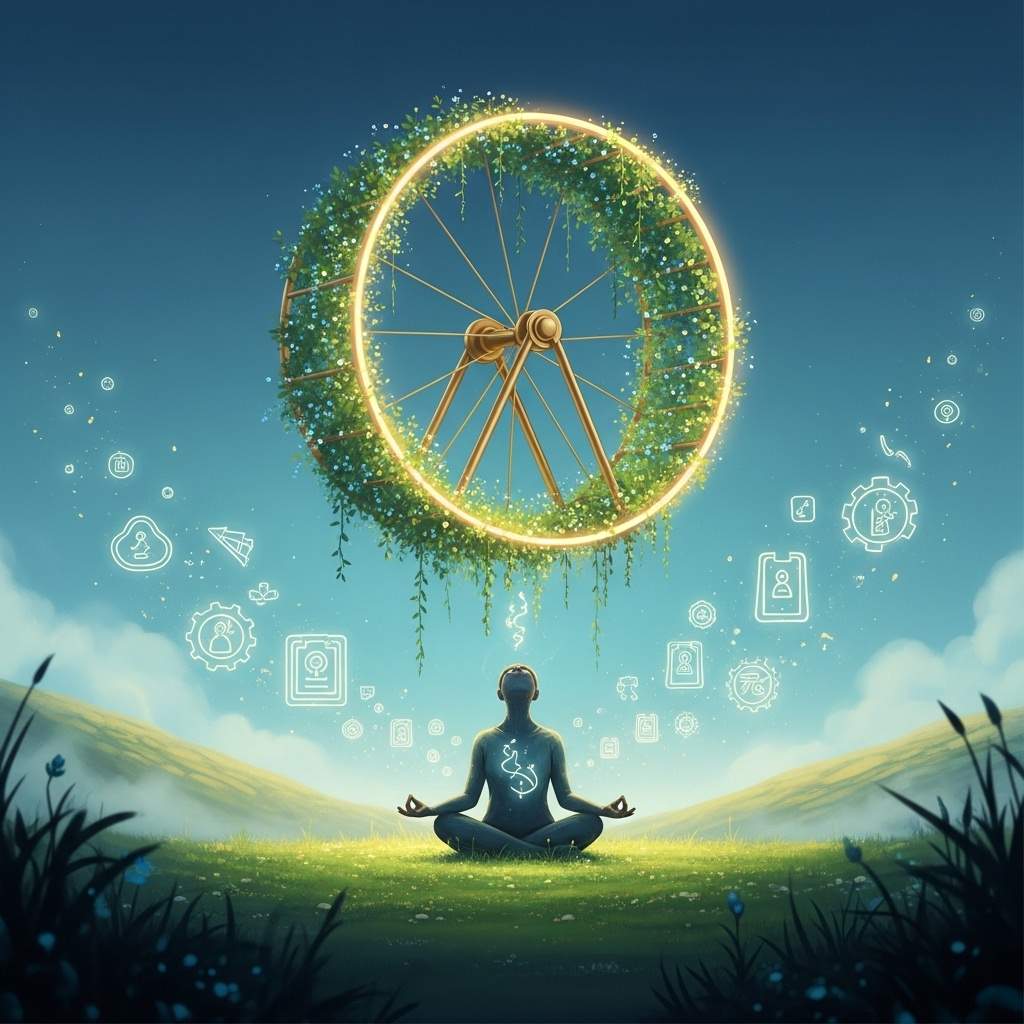 Ilustración conceptual y didáctica de la metáfora del hámster en la rueda dorada, simbolizando la 'doing mind' y el ciclo interminable de la ansiedad por productividad.