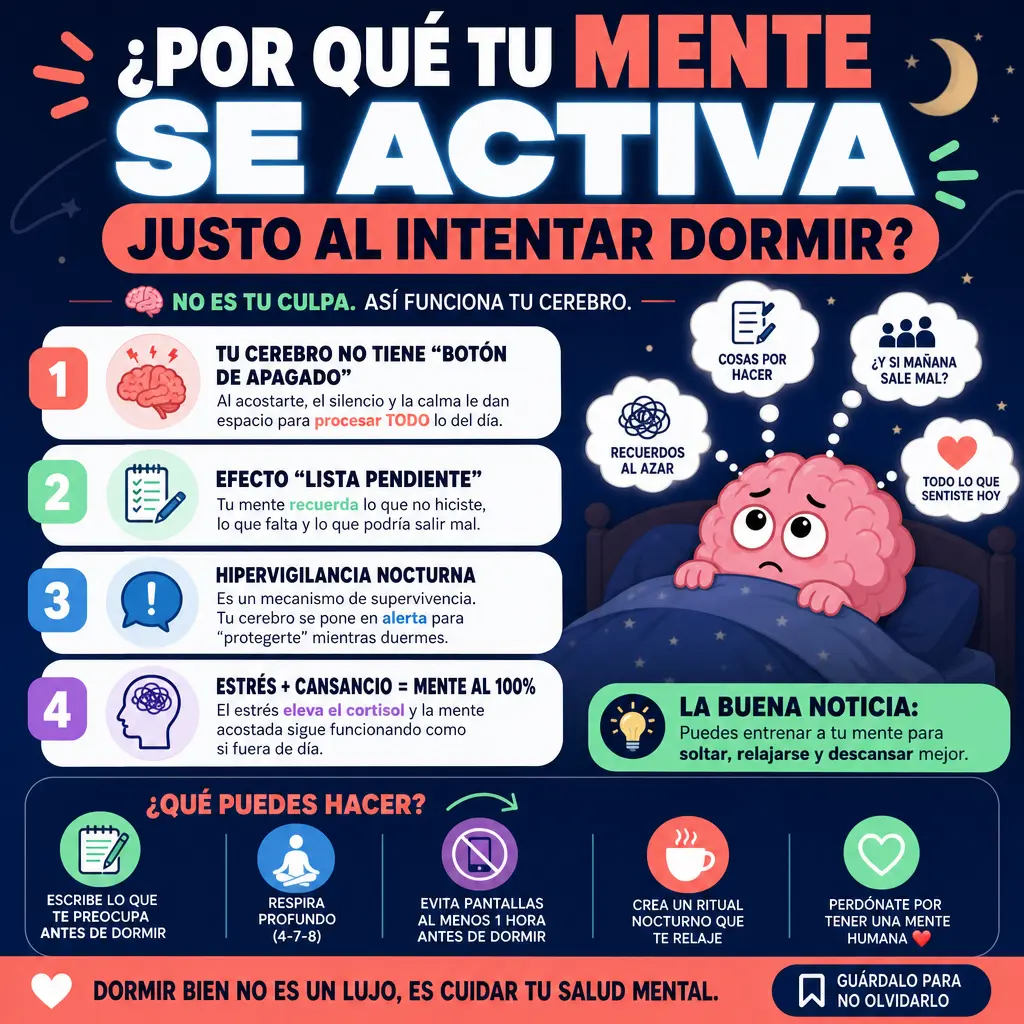 Infografía con las señales más habituales de hiperactivación mental nocturna e insomnio de conciliación por estrés