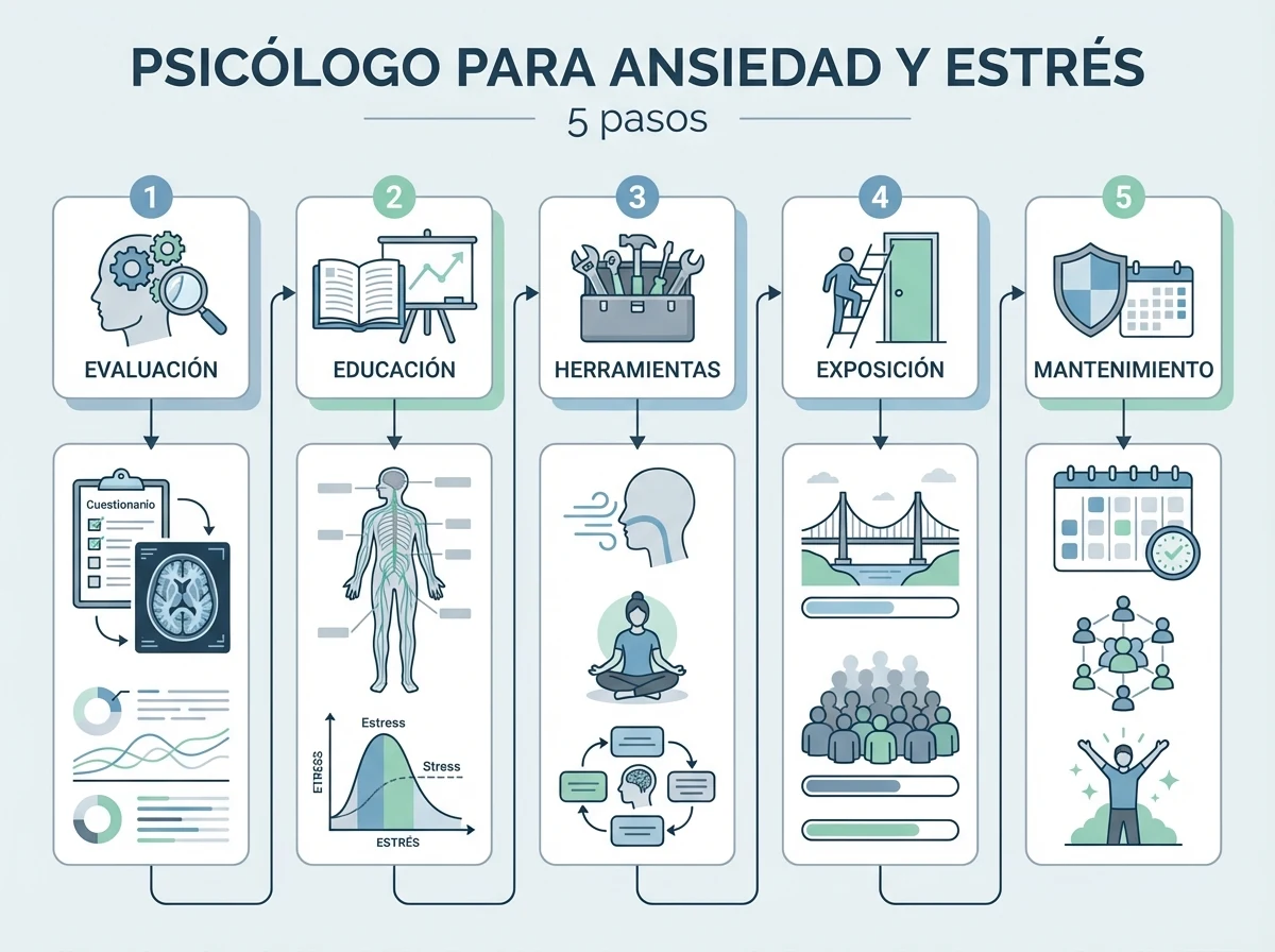 psicólogo para ansiedad y estrés - Infografía con pasos prácticos