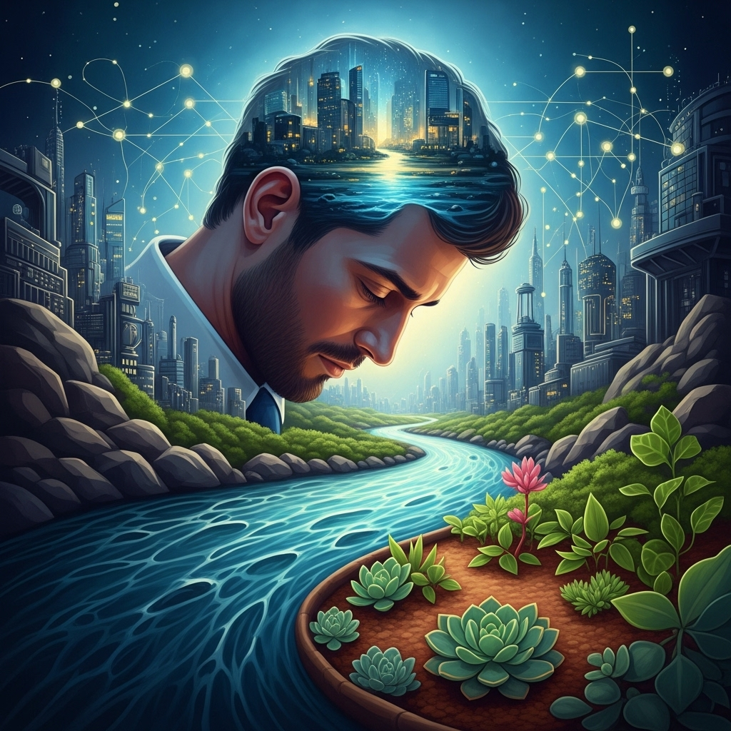 Representación artística de la ansiedad por productividad, mostrando una mente abrumada en un entorno de hiperconectividad y la lucha por encontrar el disfrute en el éxito.