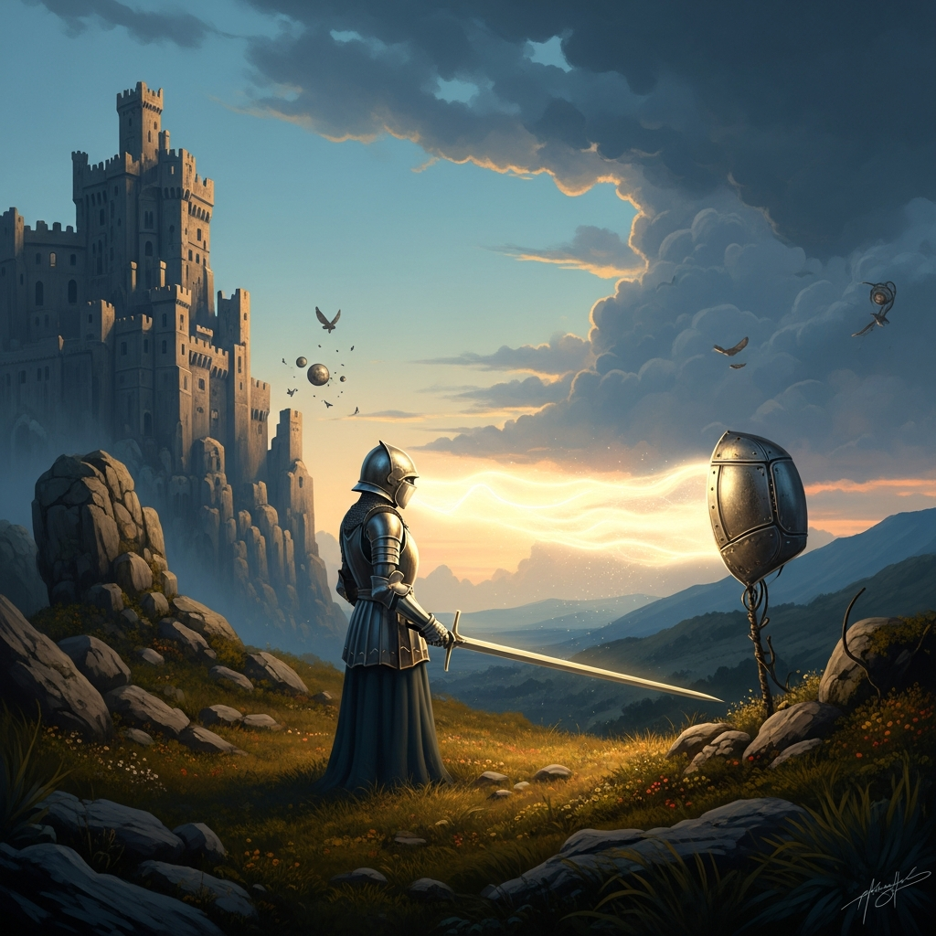 Ilustración de una persona con armadura agrietada, representando el síndrome del impostor inverso y la fragilidad oculta.