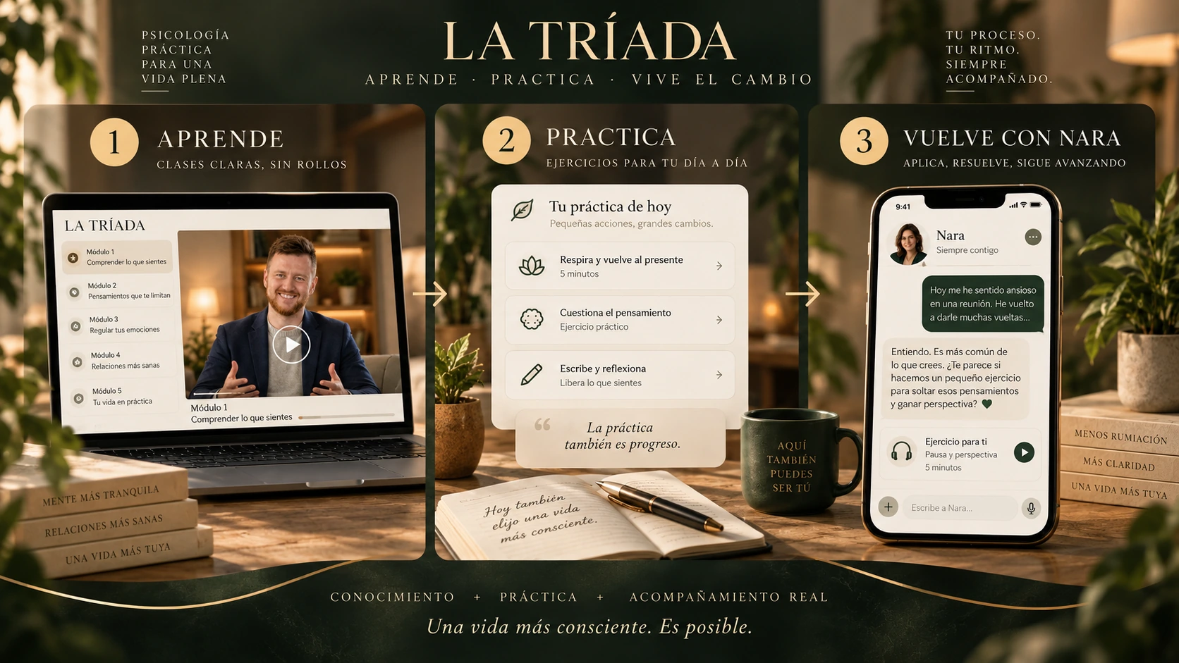 Recorrido visual de práctica guiada: aprender, practicar y volver con Nara