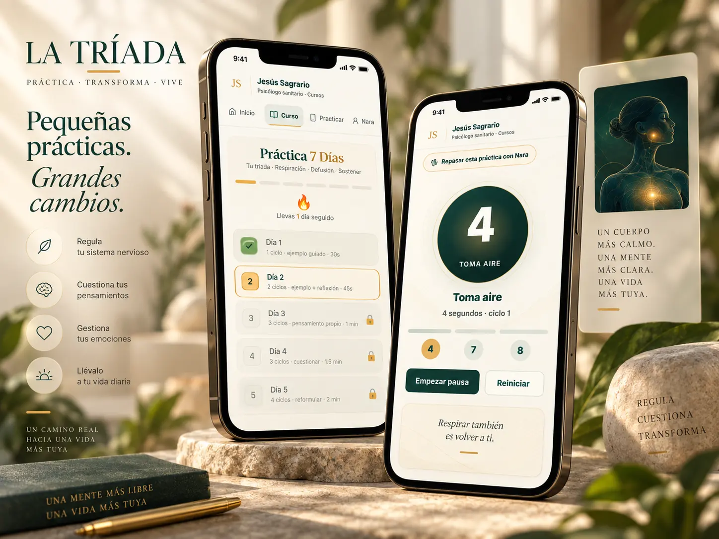 App de práctica de LA TRÍADA con recorrido de siete días y respiración guiada