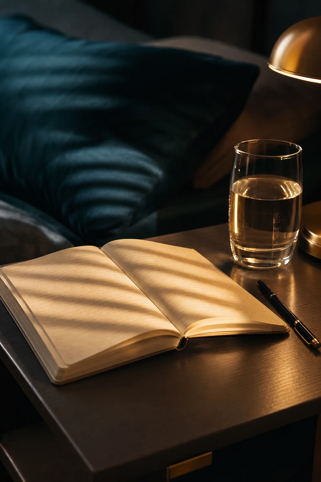 Cuaderno y vaso de agua en una mesa de noche
